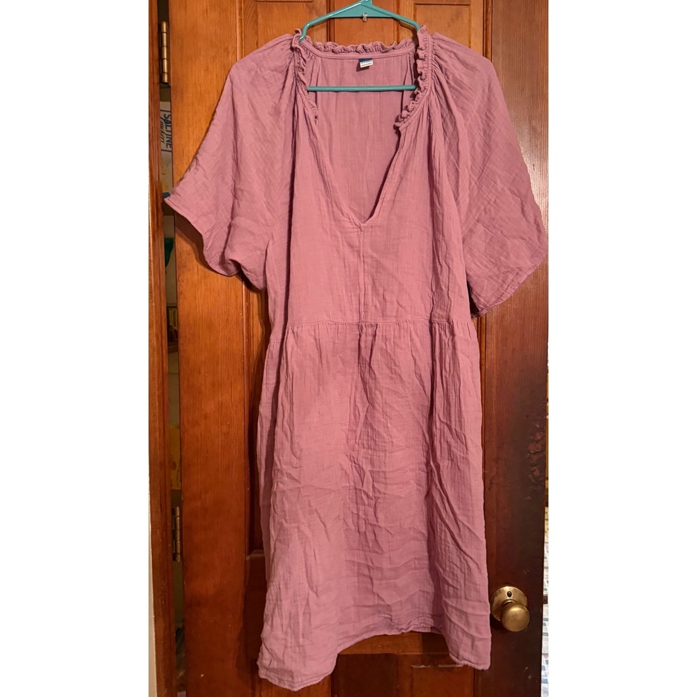 Old Navy Pink Cotton Gauze Ruffle Neck Babydoll Mini Dress XL Short Sleeve